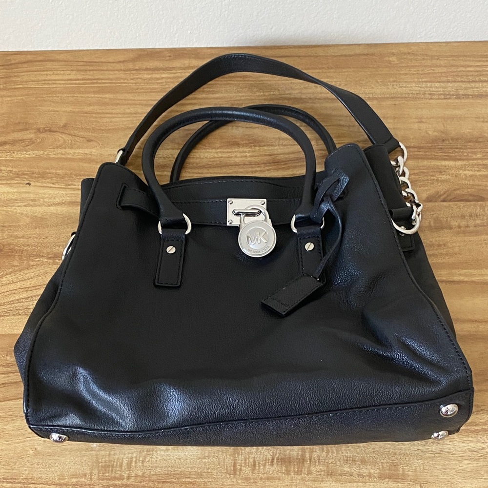 Michael Kors Black Leather Satchel with Silver Hardware